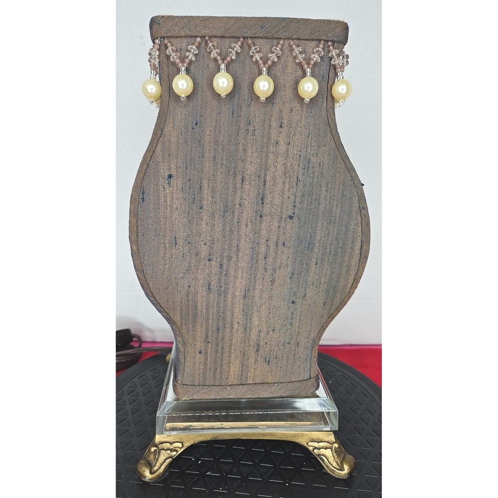 Tan Gold Blue Beaded‎ Pearl Bedside Fabric Table Lamp With Metal Feet Plug Works